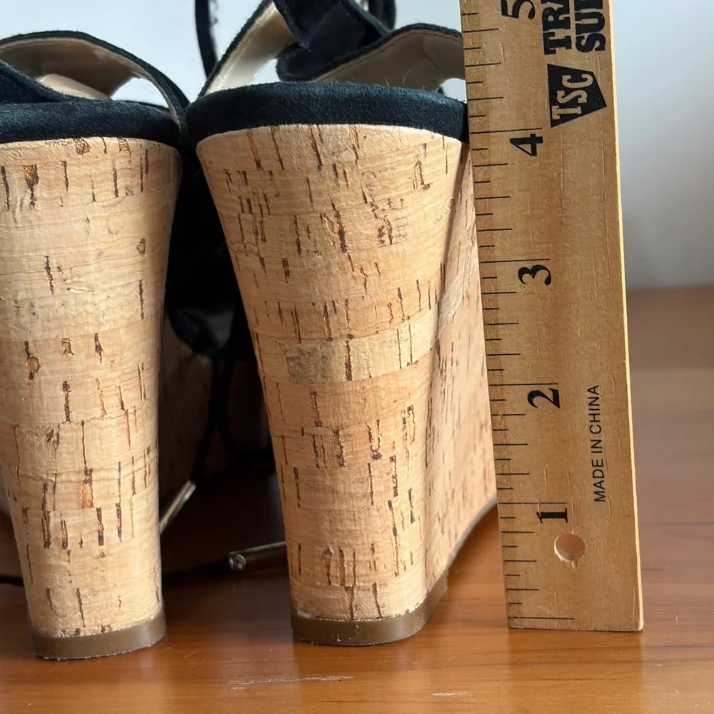Limelight Black Faux Suede Lace Up Cork‎ Wedge Sandals Womens Size 10